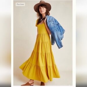 Anthropologie Maeve Gillian Mustard Yellow Tiered Maxi Dress Large